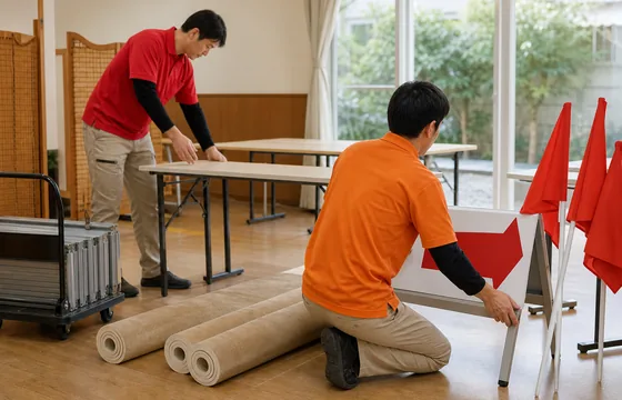 会場の案内板とテーブルを設営する作業イメージ